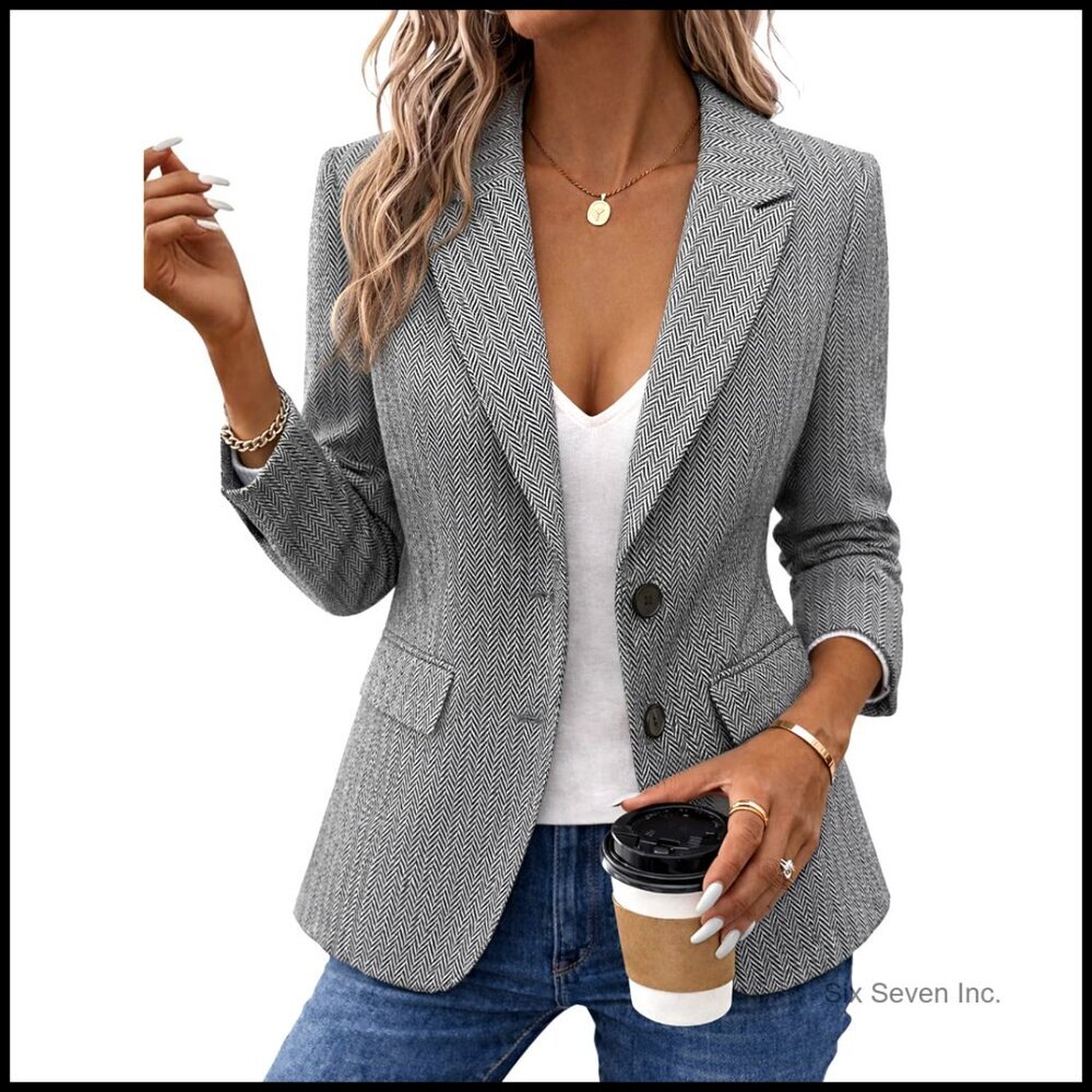Herringbone Tweed Blazer Notched Lapel Fully Lined Work Office Coat